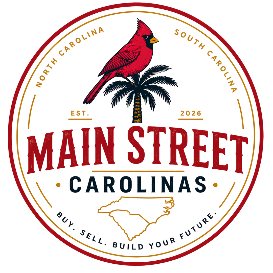 A circular logo featuring a red cardinal bird perched on a palm tree with a map outline of South Carolina, with text promoting Main Street Carolinas, established in 2026, with the slogan 'Buy. Sell. Build Your Future'.