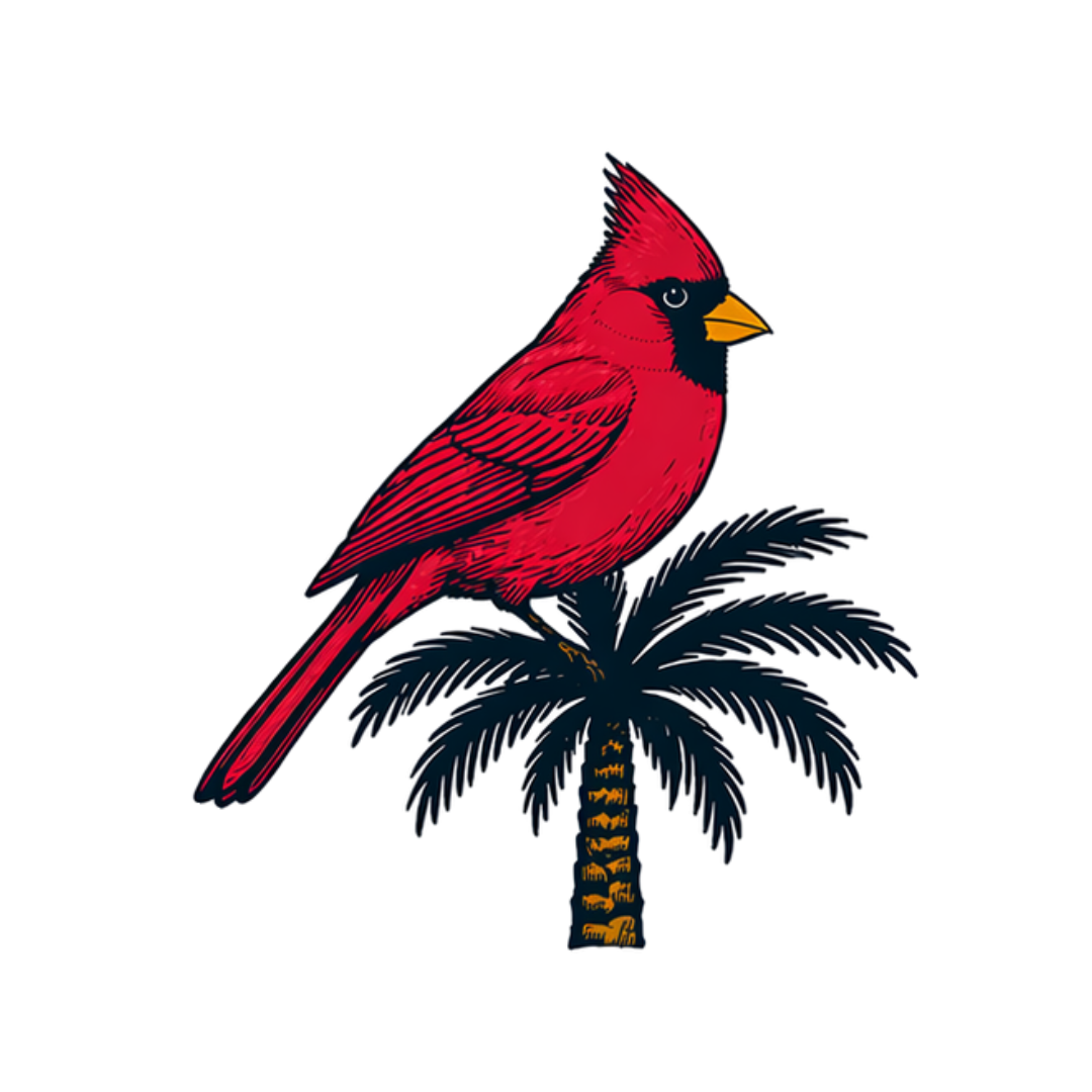 Illustration of a red cardinal bird perched on a palm tree against a white background.