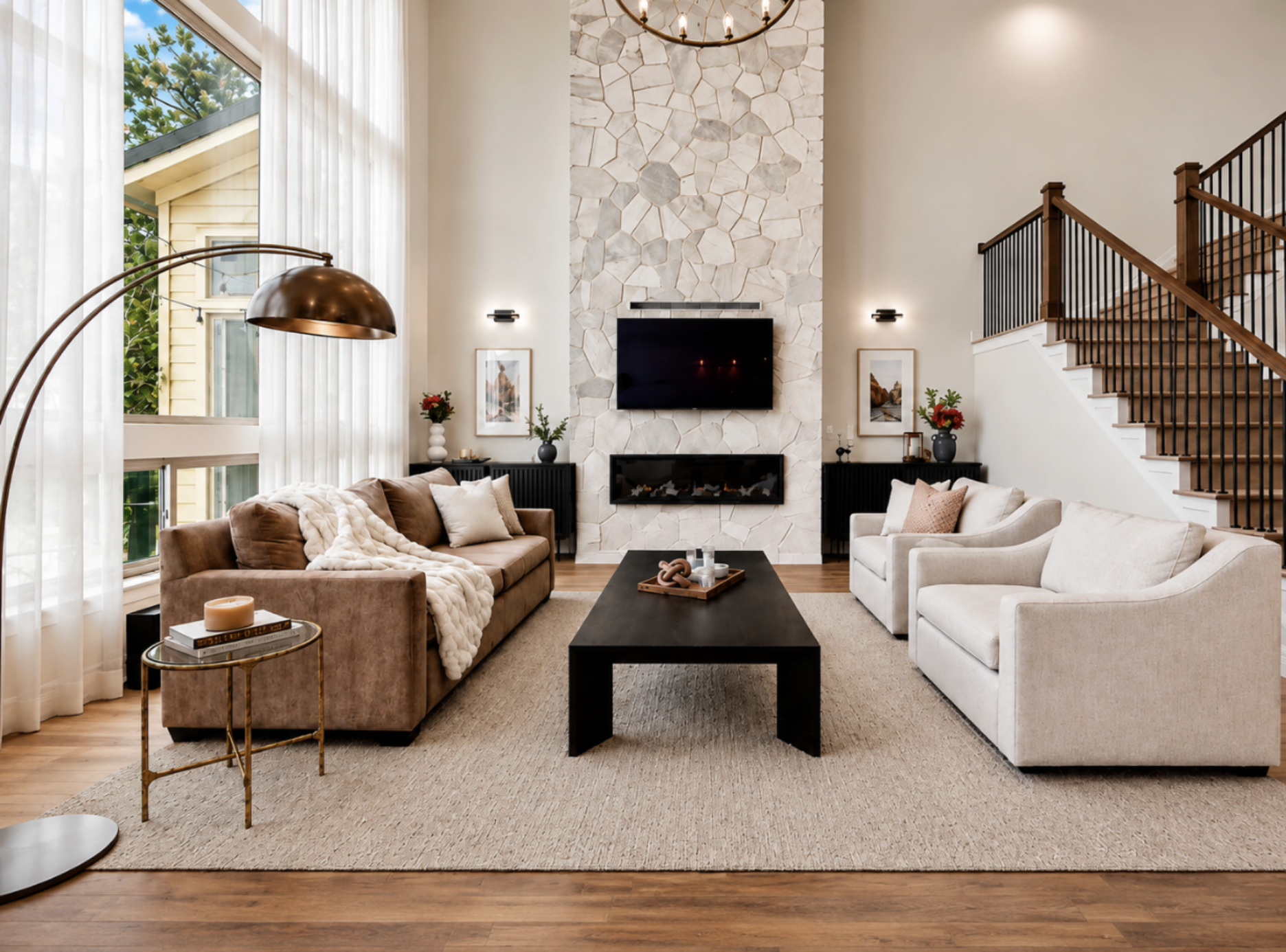 Living room renovation with stone fireplace and staircase by Indigo Day Designs in Lone Tree, CO