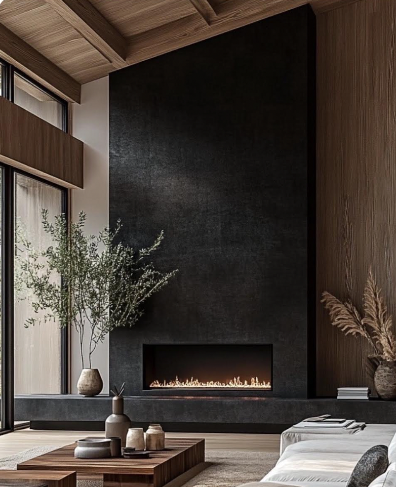 Modern living room featuring beautiful high, wood-planked ceiling with beams, and dark soft black statement fireplace.