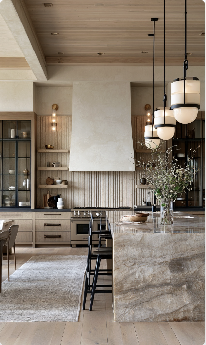 Kitchen renovation with glass-front cabinetry and marble island by Indigo Day Designs in South Denver, CO