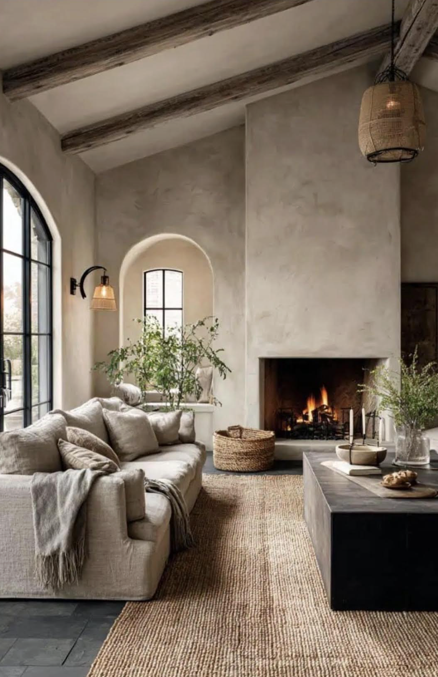 Warm, layered living room designed by Indigo Day Designs, featuring a beige sofa, arched leather chair, fireplace, wood beams, and soft neutral finishes.