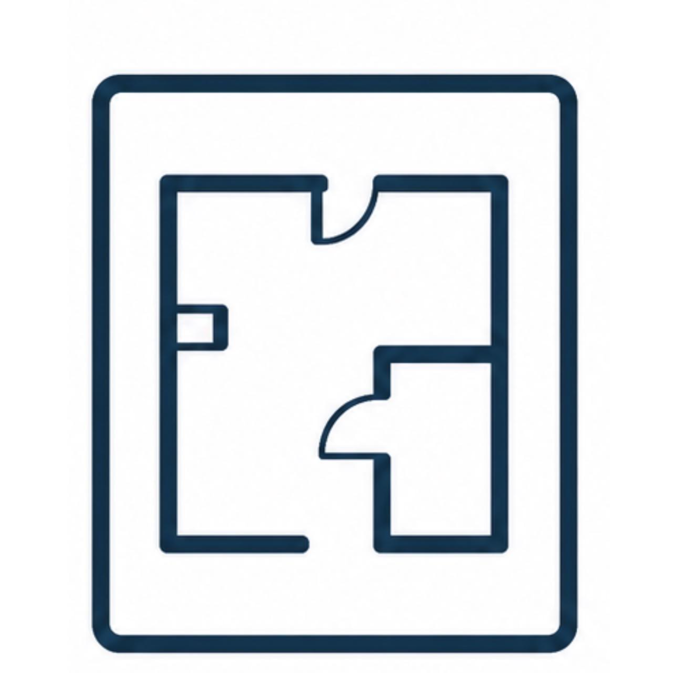 Line drawing of a floor plan with three rooms and three doors, enclosed in a rectangular border.