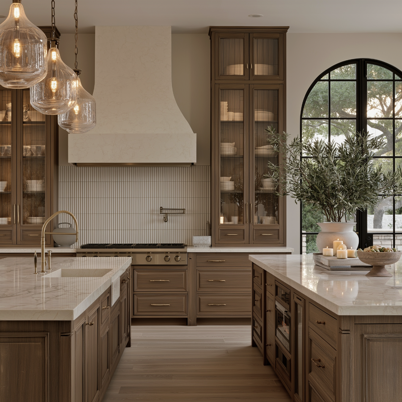 Warm modern kitchen with wood cabinetry and arched windows in Breckenridge, Colorado.