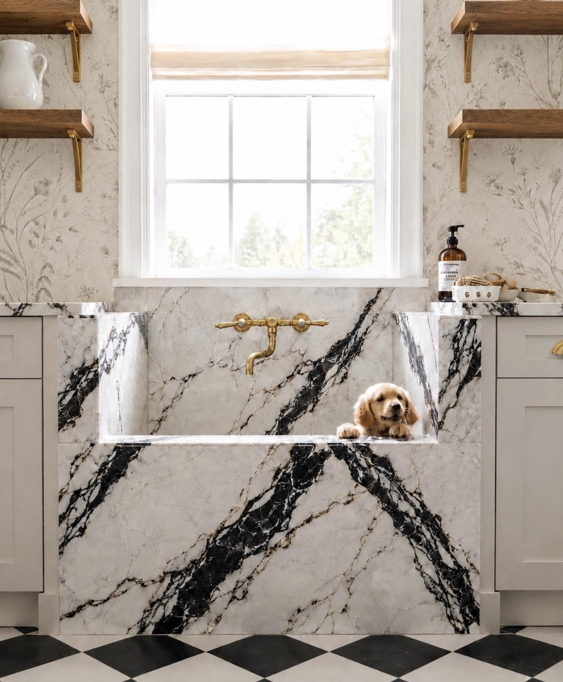 A dog resting in a luxurious marble bathtub with gold fixtures, dark veining, and a window in the background.