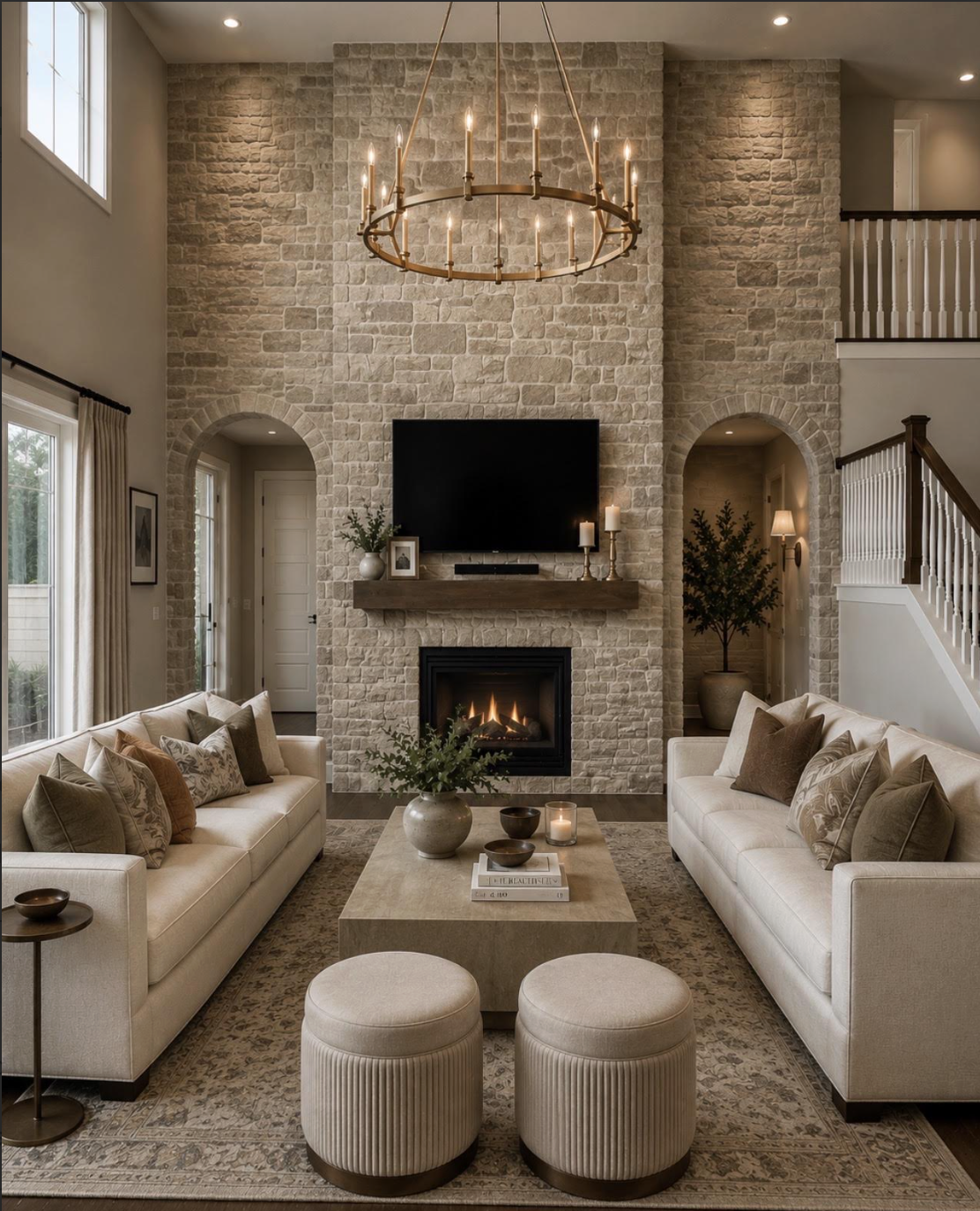 Living room renovation with stone fireplace and custom seating by Indigo Day Designs in Granby Ranch, CO