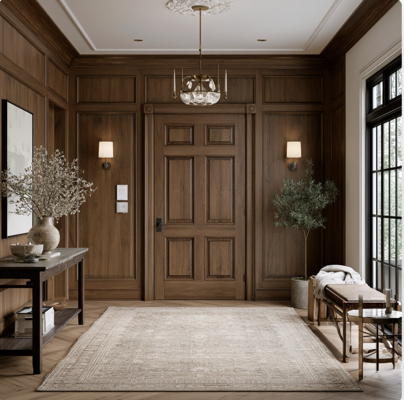 Wood-paneled entryway renovation by Indigo Day Designs in South Denver, CO