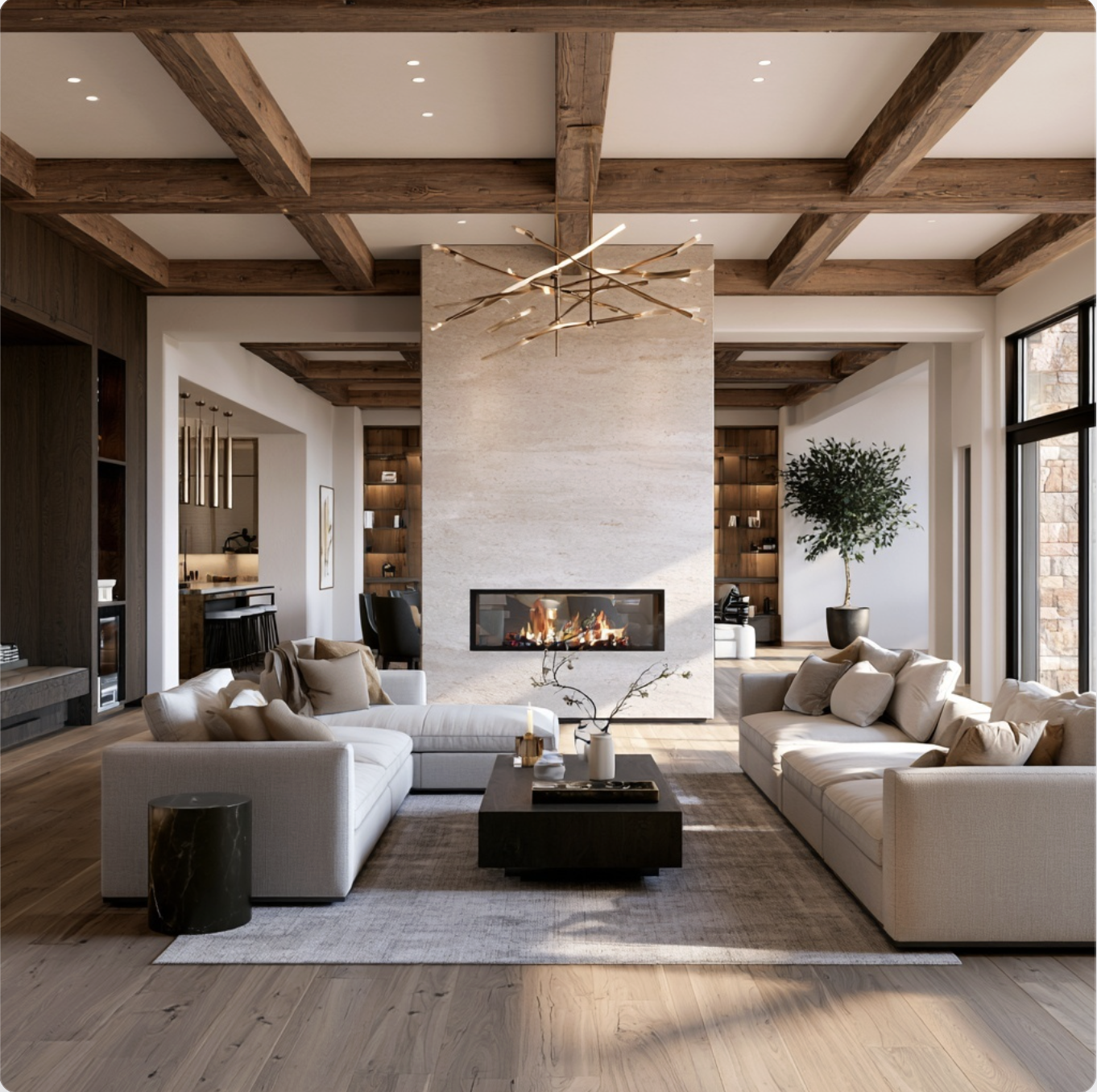 Open-concept living room renovation with fireplace and wood-beamed ceilings by Indigo Day Designs in Granby Ranch, CO
