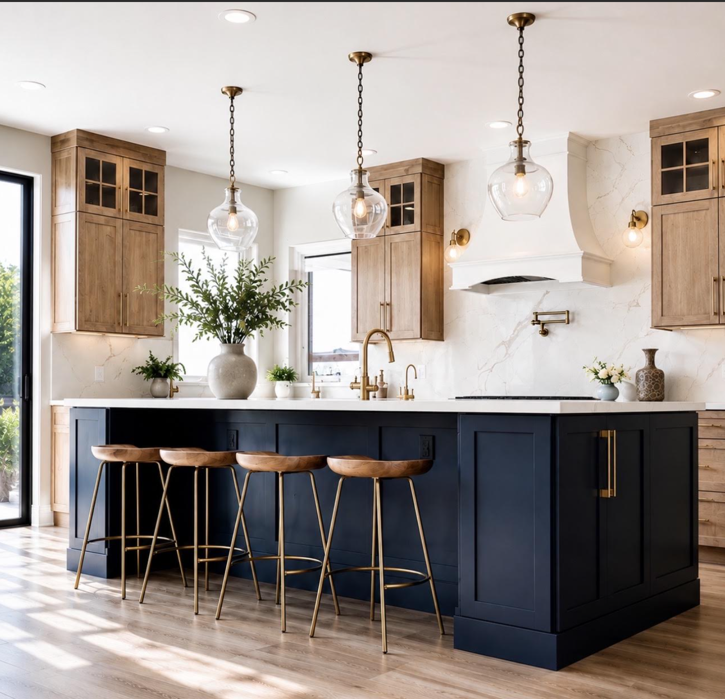 Modern kitchen with a large navy blue island, wooden bar stools, brass fixtures, white marble countertops, and light wood cabinetry. Decor includes vases, plants, and pendant lights.
