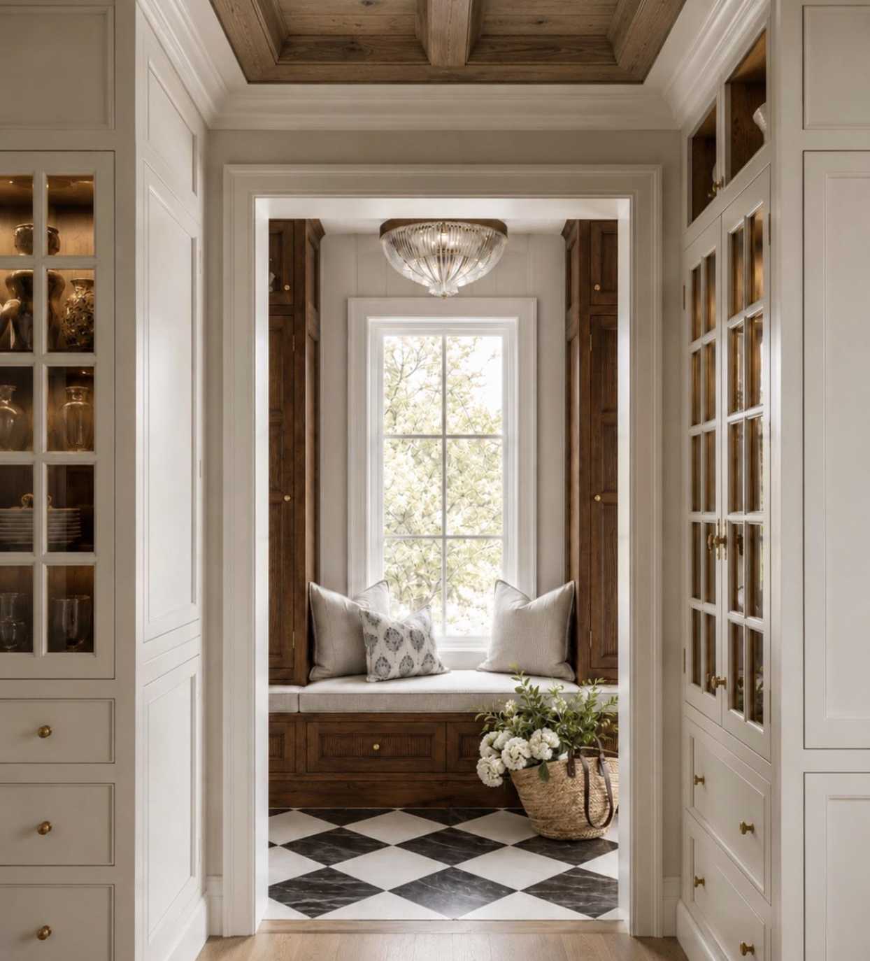 A cozy window seat with cushions and pillows, framed by dark wood built-in cabinets, with a large window showing trees outside. A basket of flowers is on the floor near the seat, and a chandelier hangs from the ceiling.