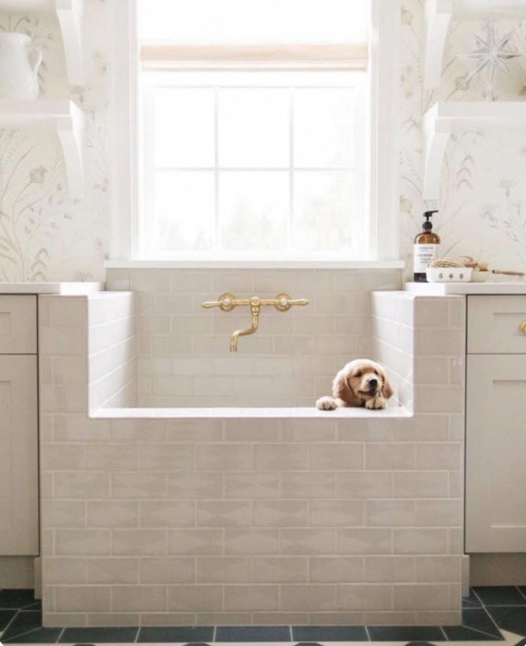 Castle Rock mudroom with custom dog wash, gold fixtures, and floral wallpaper.
