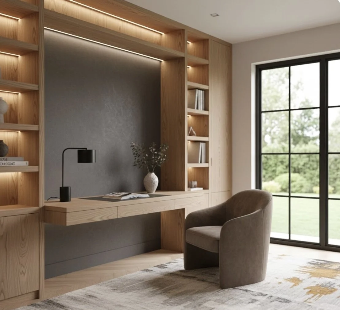 Home office renovation with built-in wooden desk and shelving by Indigo Day Designs in Castle Rock, CO