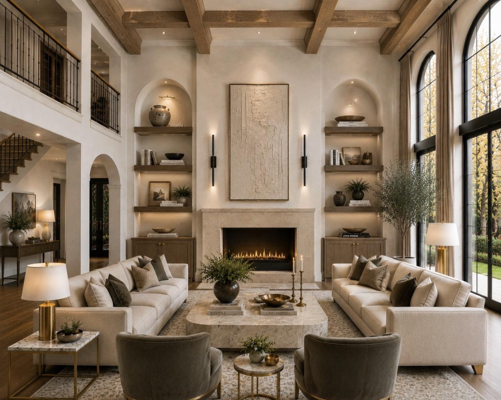 Living room renovation with vaulted ceilings and wood beams by Indigo Day Designs in Winter Park, CO