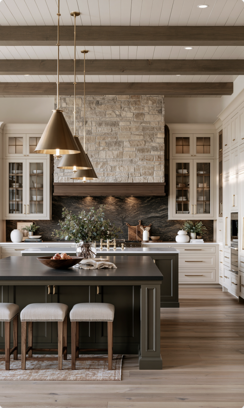 Renovated Littleton kitchen featuring a stone range hood, dark stone backsplash, white cabinetry, wood beams and large islands.