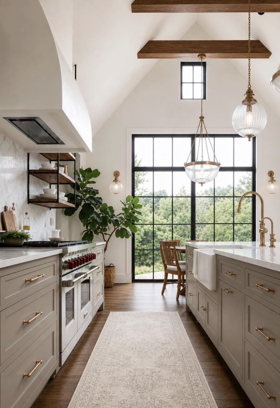 Modern kitchen with large black-framed windows, white cabinetry with gold handles, marble countertops, wooden open shelves, hanging pendant lights, a potted plant, and a view of greenery outside.
