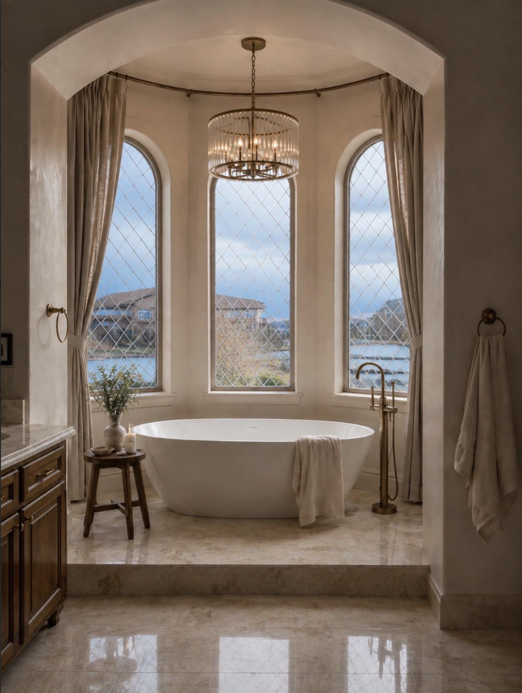 Primary bathroom renovation with freestanding soaking tub and lake views by Indigo Day Designs in Winter Park, CO