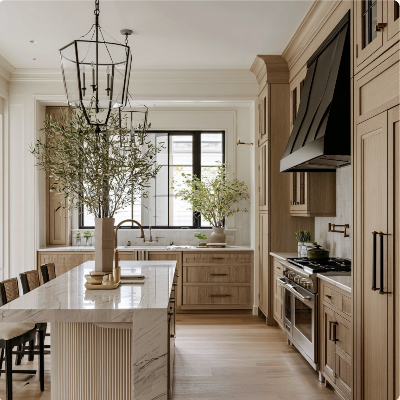 Kitchen with warm wood cabinetry, black range hood and large island.