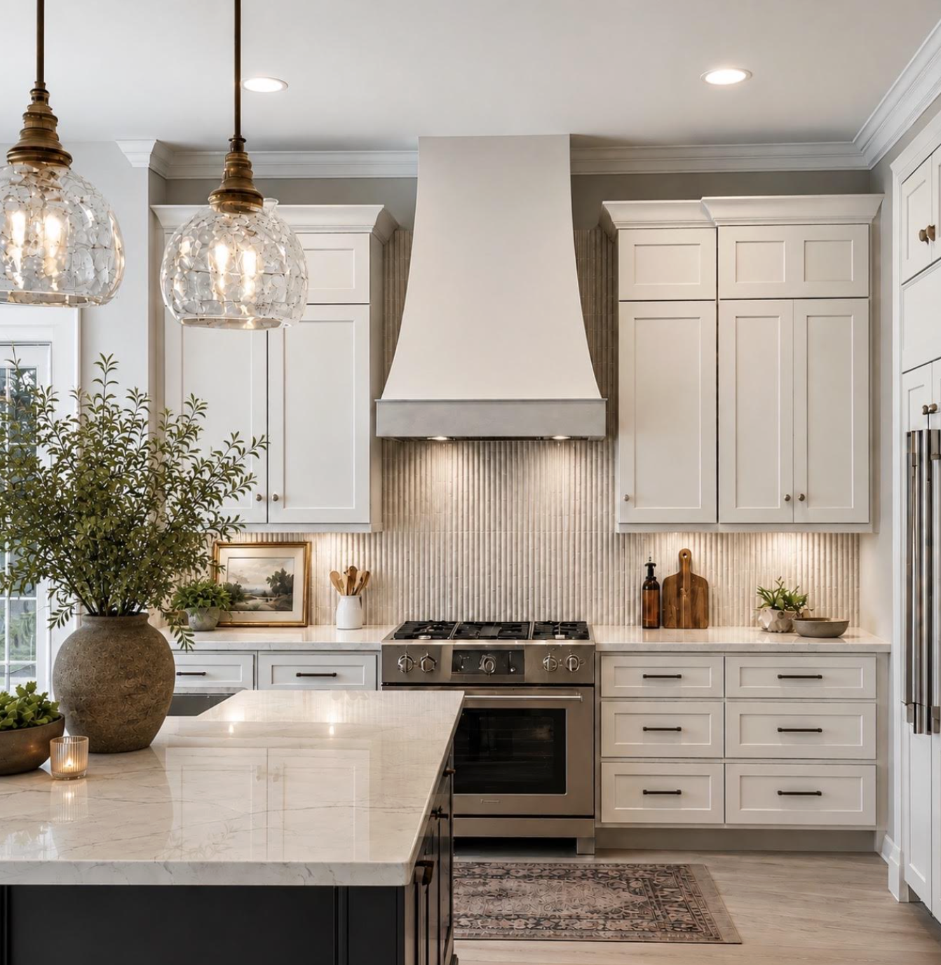 Kitchen renovation with white cabinetry and marble island by Indigo Day Designs in Castle Pines, CO