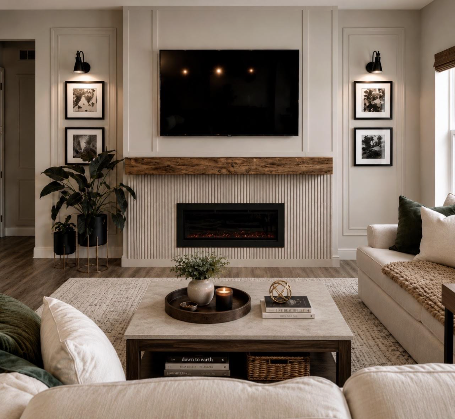 Living room with fireplace, wall-mounted TV, coffee table with books and decor, beige sofa with pillows, potted plants, and framed artwork on wall.