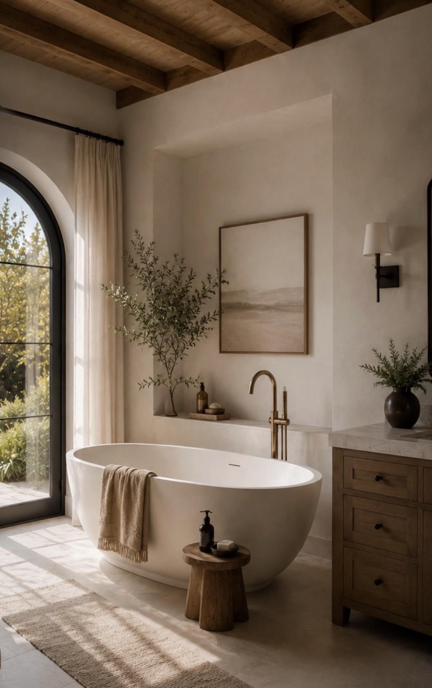 A modern bathroom featuring a freestanding bathtub with a beige towel, a round wooden stool with soap and lotion, a large window with curtains, a potted plant, a piece of artwork on the wall, a wooden cabinet with a vase and greenery, and a wooden ceiling with exposed beams.