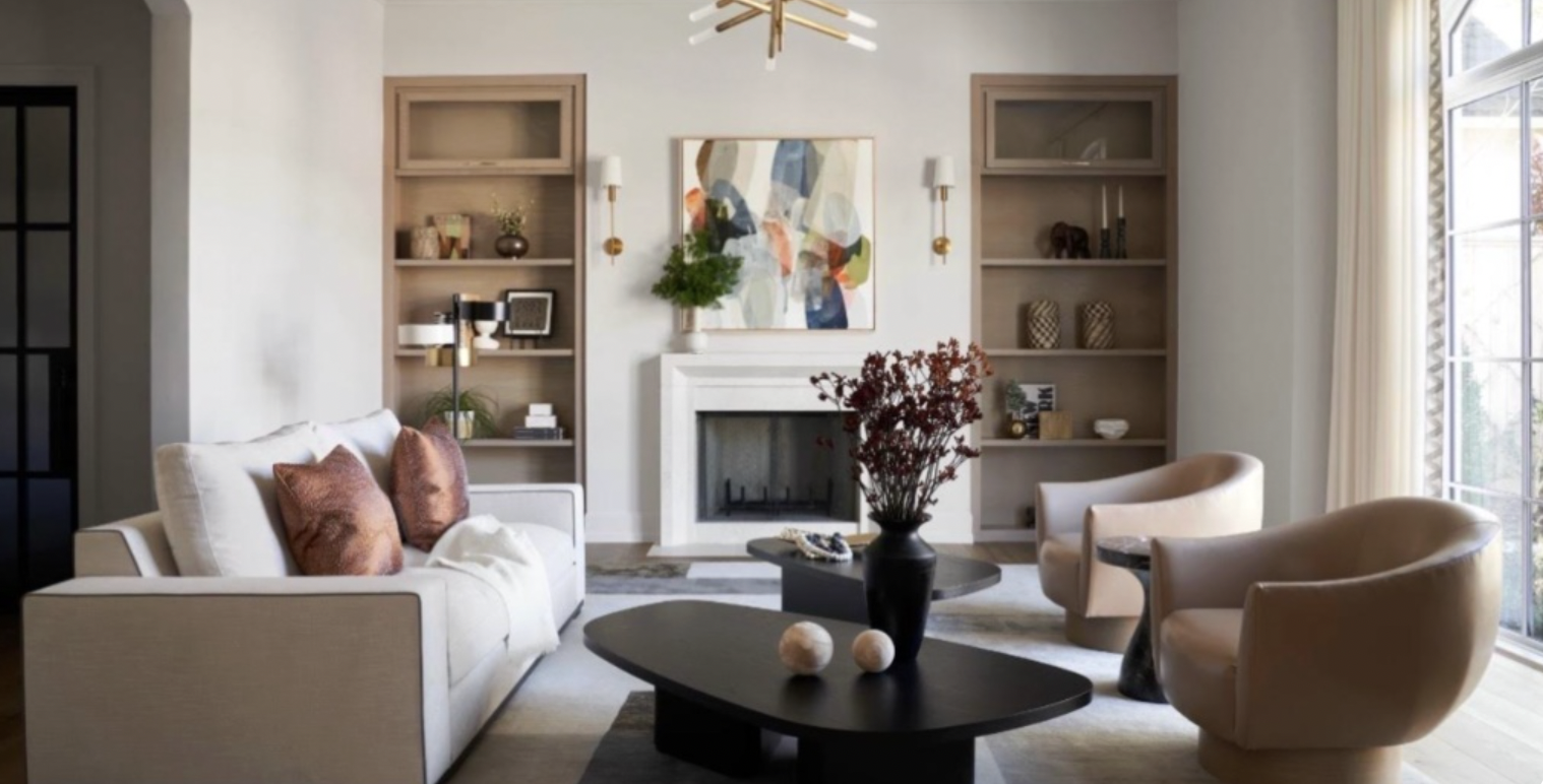 Warm modern living room, featuring custom cabinetry, fireplace and all new furniture.
