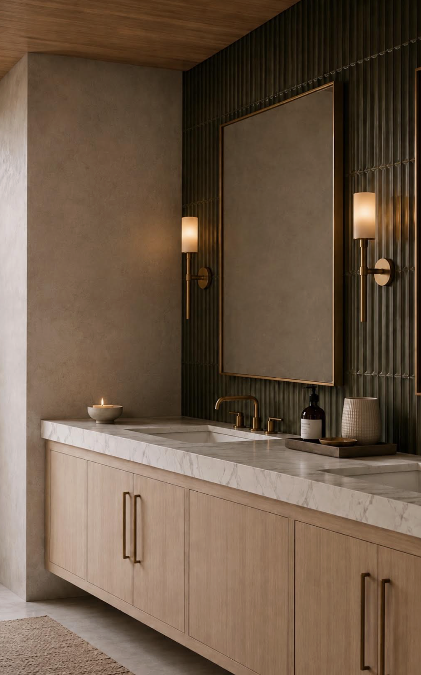 Bathroom vanity renovation with marble countertop and gold fixtures by Indigo Day Designs in Castle Pines, CO