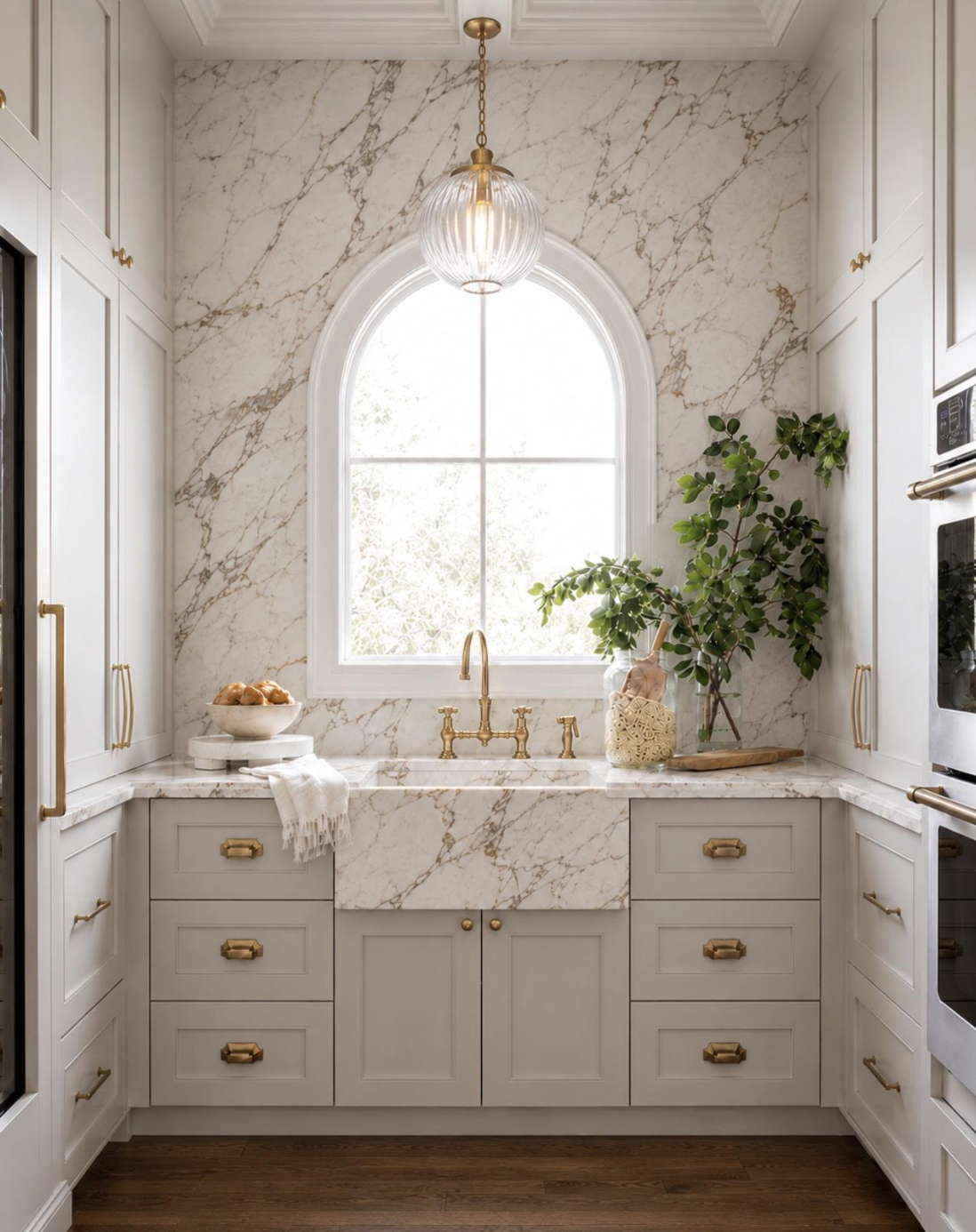 A bright kitchen with white marble countertops and backsplash, white cabinetry with gold hardware, a gold faucet, a large arched window, a hanging light fixture, a bowl of oranges on the counter, and a green houseplant on the right side.