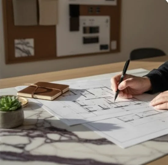 Person drawing architectural plans on a large sheet of paper at a table with a small plant and a notebook nearby.