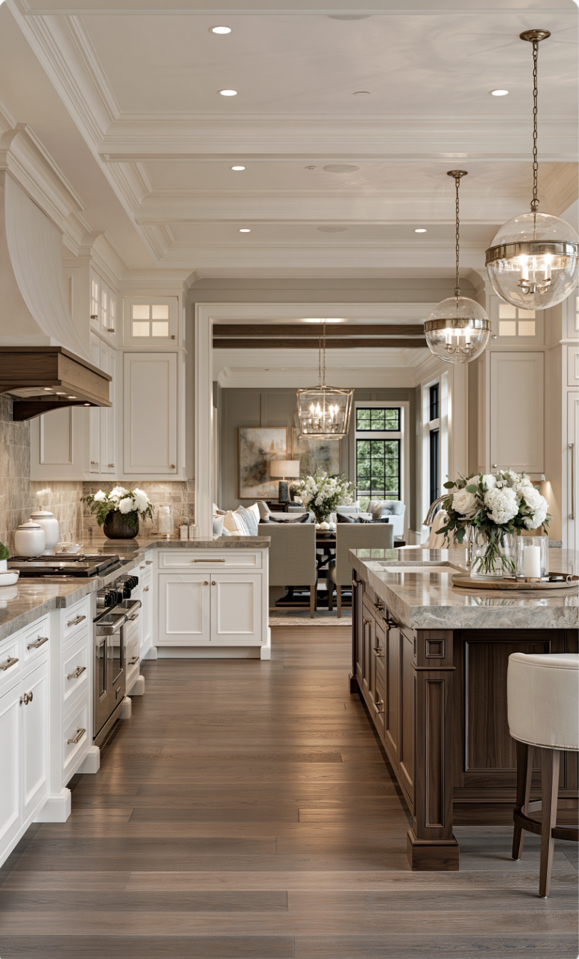 Elegant transitional kitchen in Castle Pines, Colorado, with white cabinetry and dark wood island.