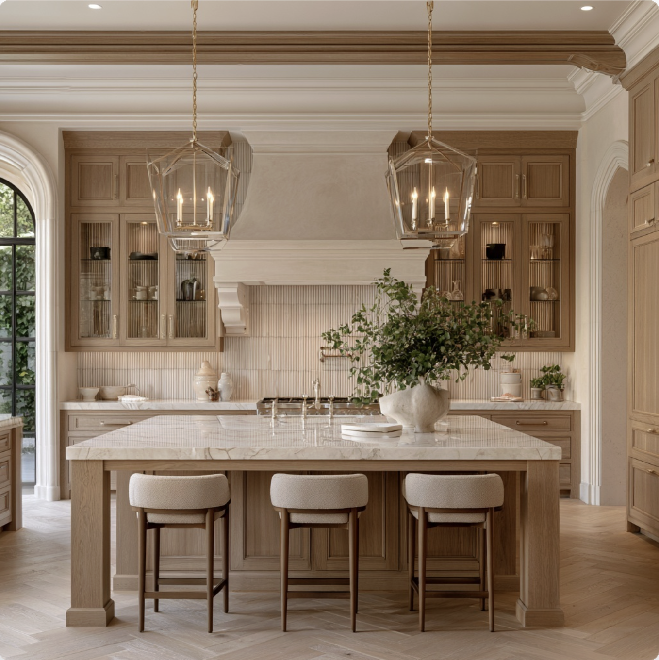 Kitchen renovation with marble island and natural wood cabinetry by Indigo Day Designs in Granby Ranch, CO