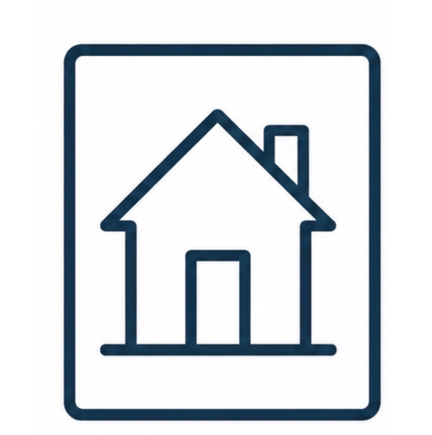 Icon of a house with a roof, chimney, and door inside a rectangular border.