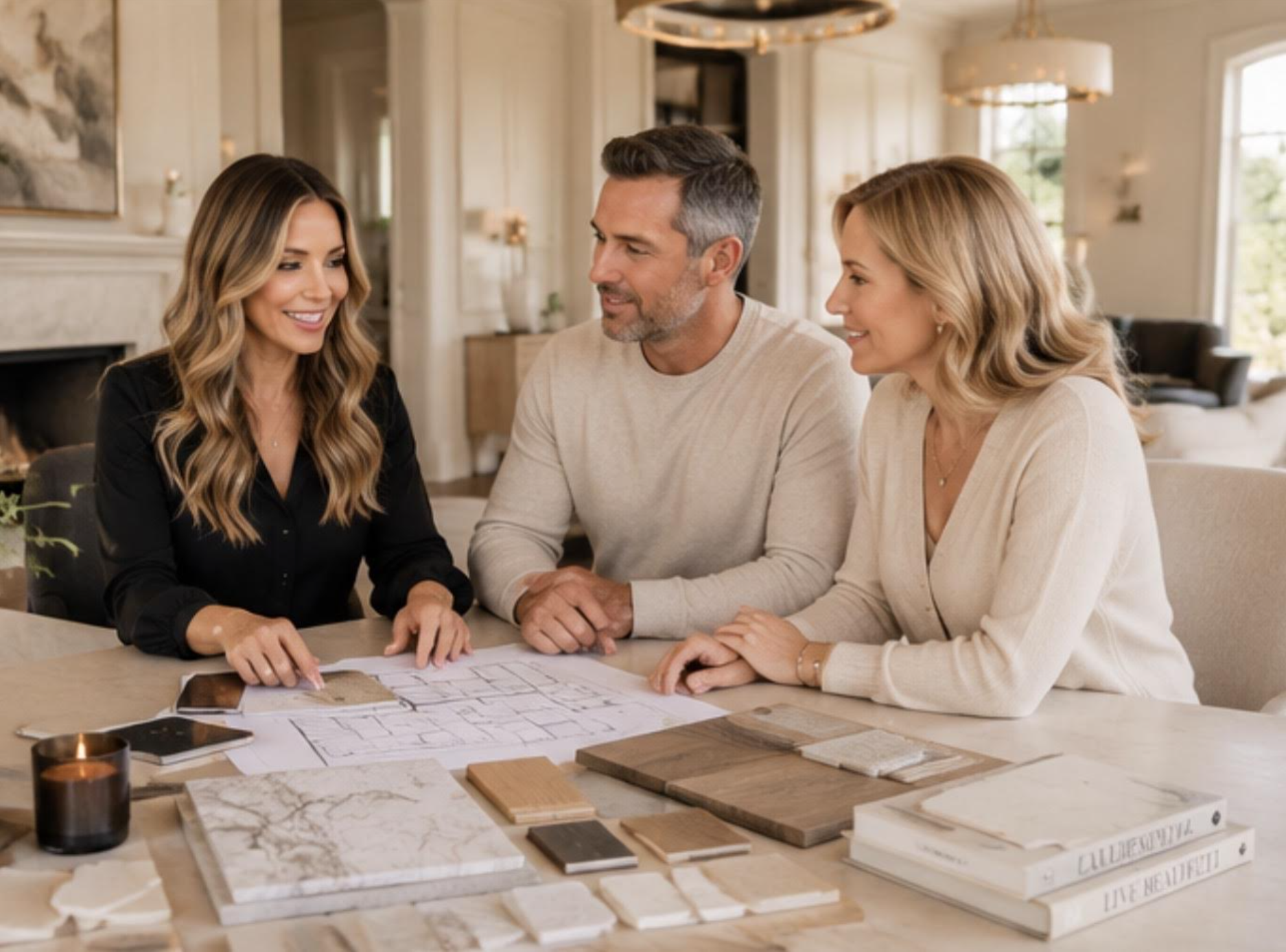 Three people, one man and two women, sitting around a table looking at design plans and samples, likely discussing home or interior design.