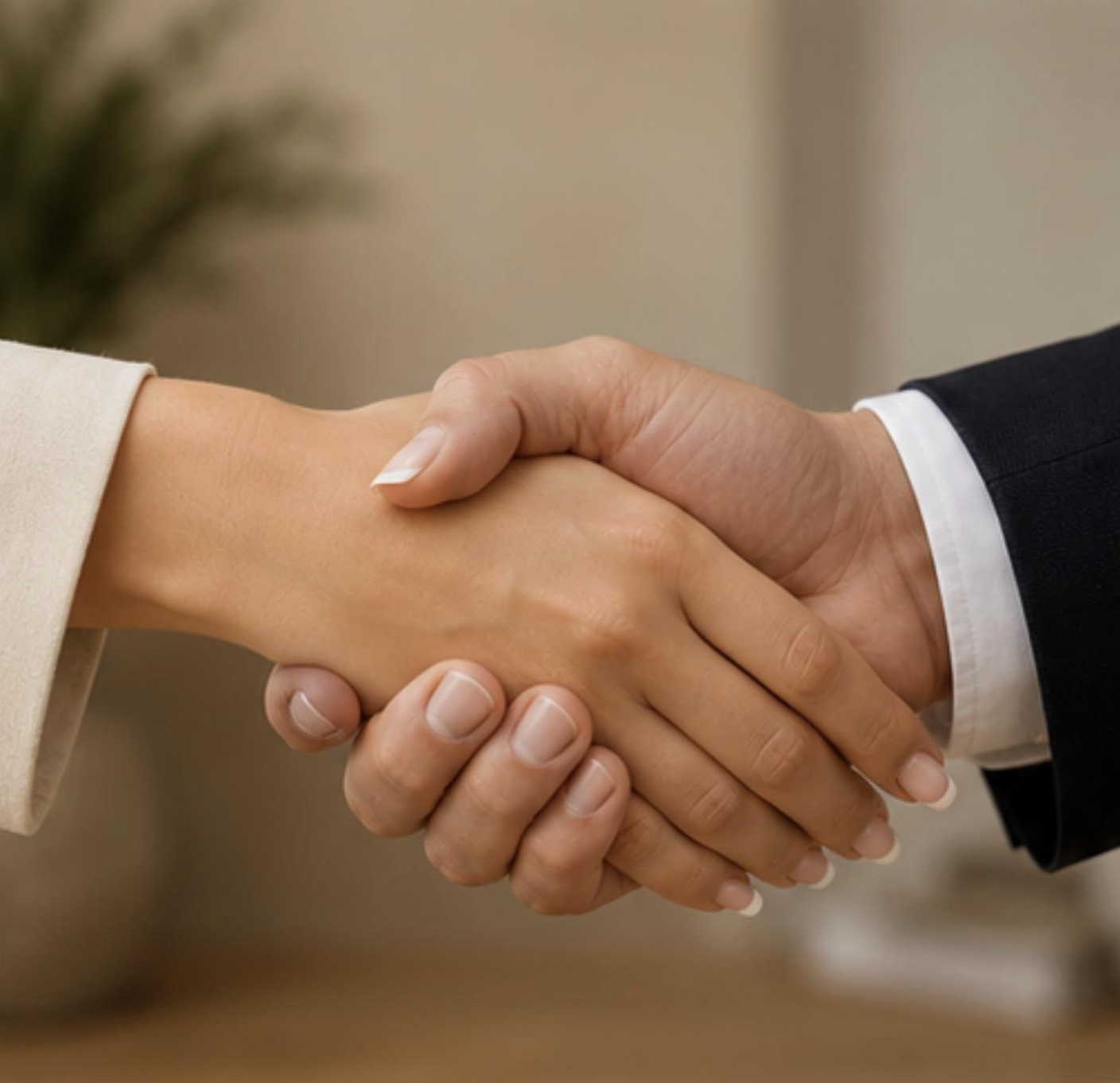 Close-up of two people shaking hands in a professional setting.