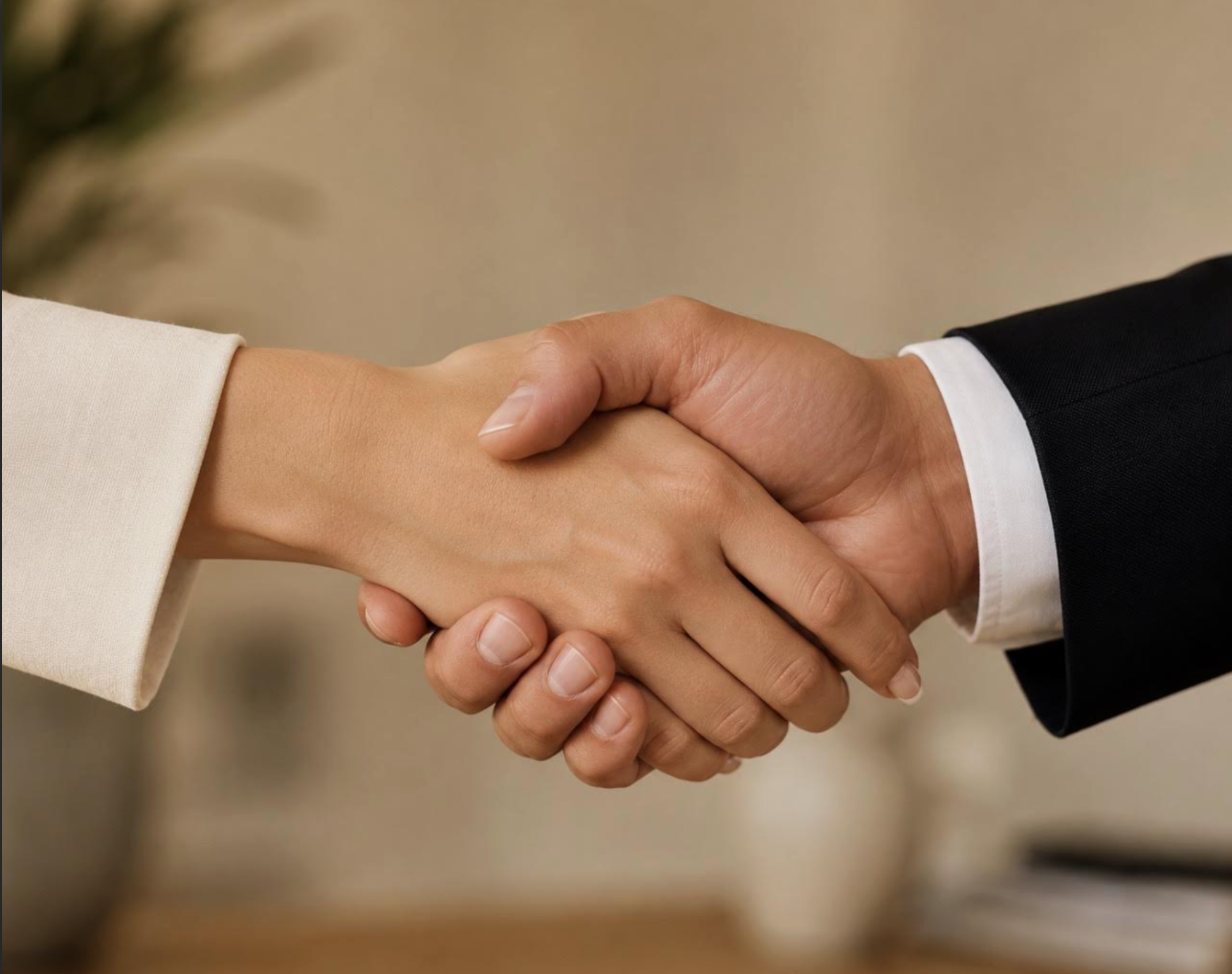Close-up of two people shaking hands, one person in a white suit and the other in a black suit.