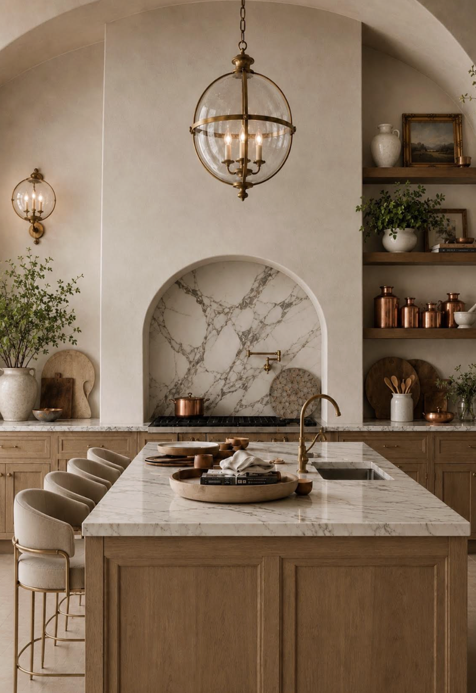 A warm, elegant kitchen featuring a central marble-topped island with beige upholstered chairs, brass fixtures, wooden cabinetry, and open shelves displaying decorative vases, copper containers, and artwork. Two spherical pendant lights hang from the ceiling, and there's a marble backsplash with a brass faucet at the sink.