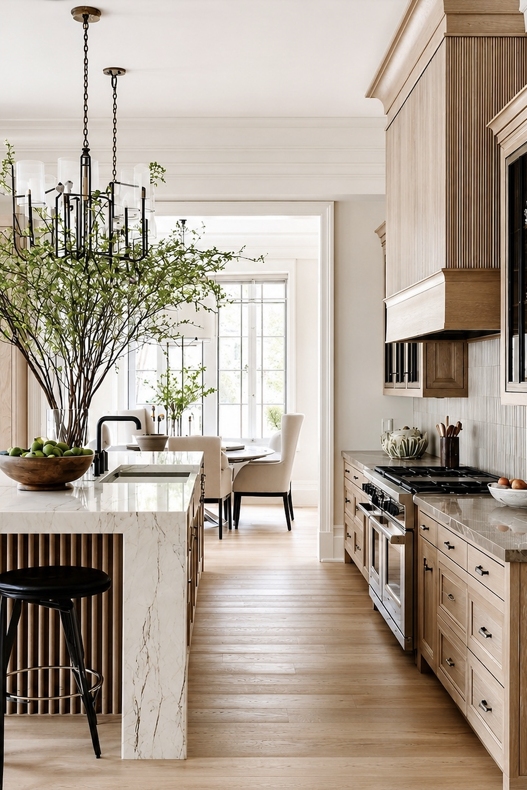 Bright, modern kitchen with wooden cabinets, stainless steel appliances, and a marble island. Large window with natural light, dining area with chairs, and greenery for decor.