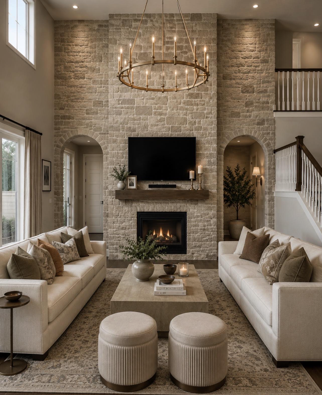 Living room with floor to ceiling stone fireplace and arched doorways.