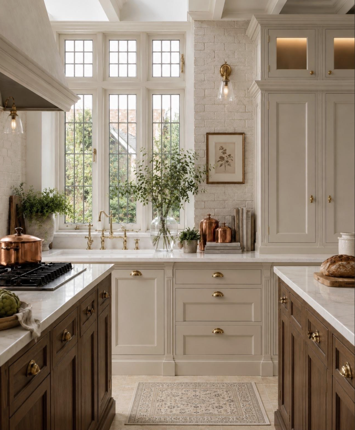 Traditional transitional kitchen designed by Indigo Day Designs, featuring soft white and warm maple cabinetry with timeless, layered details.
