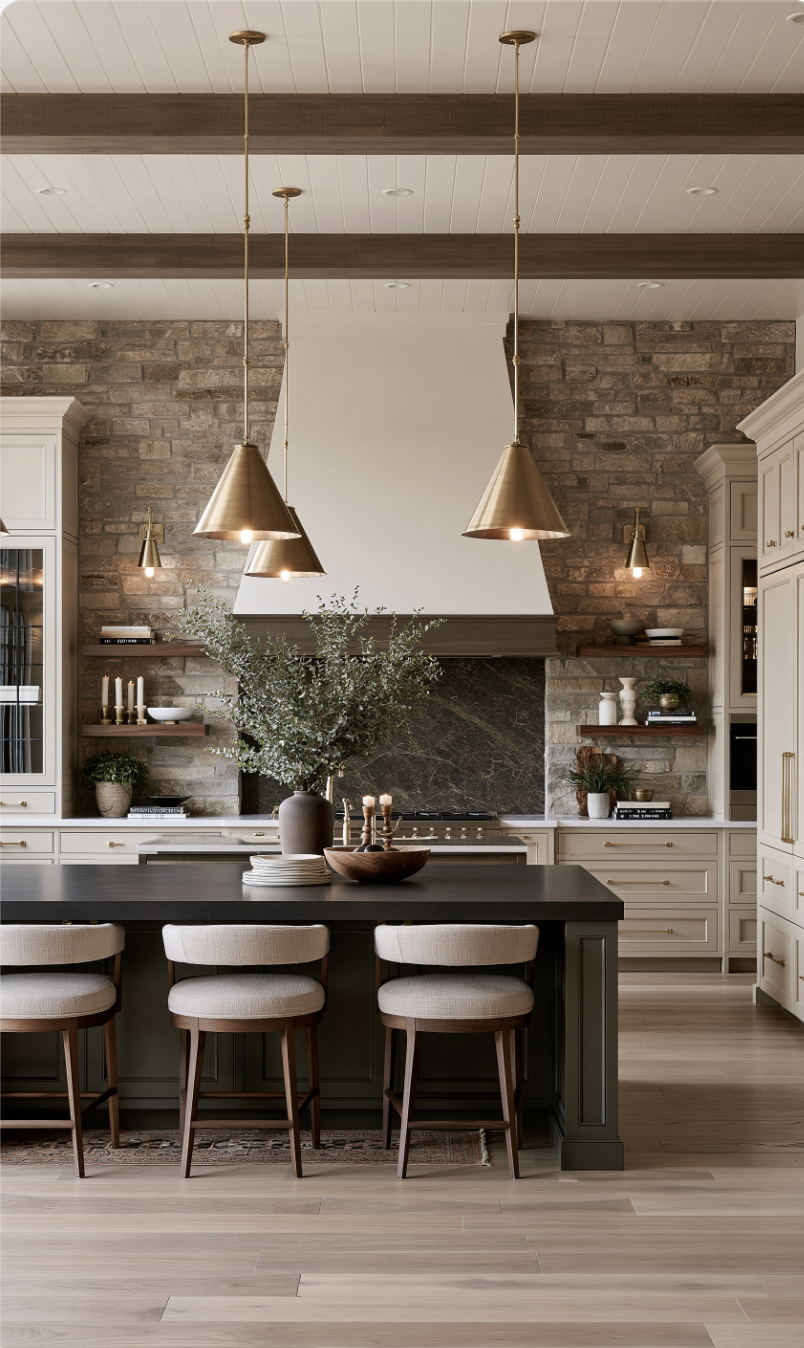 Luxury kitchen with stone backsplash, dark island and statement pendants in Winter Park, Colorado.