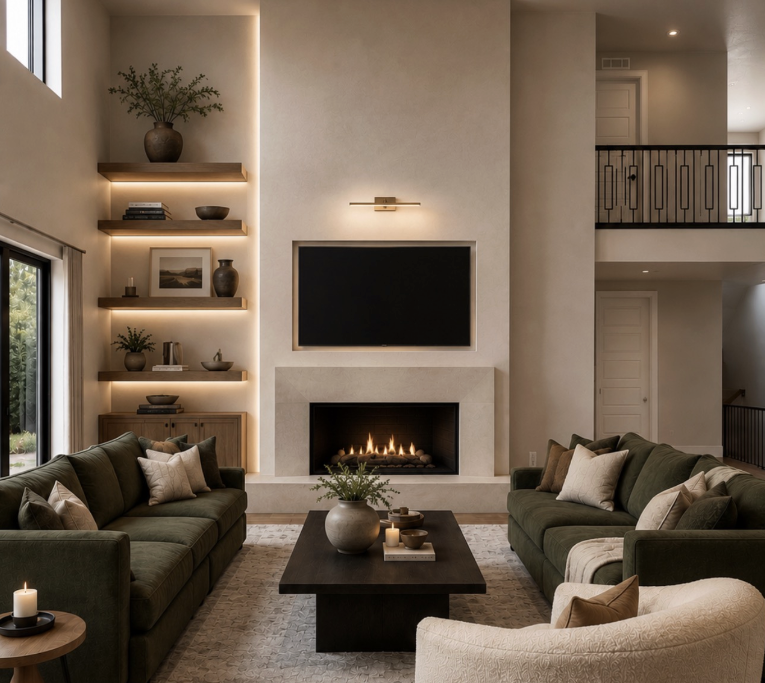 Living room with two dark green sofas, a fireplace, a large TV above the fireplace, a coffee table with candles and a large vase, shelves with decorative items, and a window on the left side.