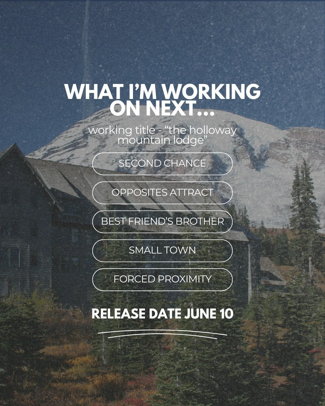 second chance + best friend's brother + forced proximity + small town + opposites attract&hellip;
yeah. I did that. 😈
Working title is The Holloway Mountain Lodge and she's coming for you June 10th.
A wedding planner who inherits a failing mountain 