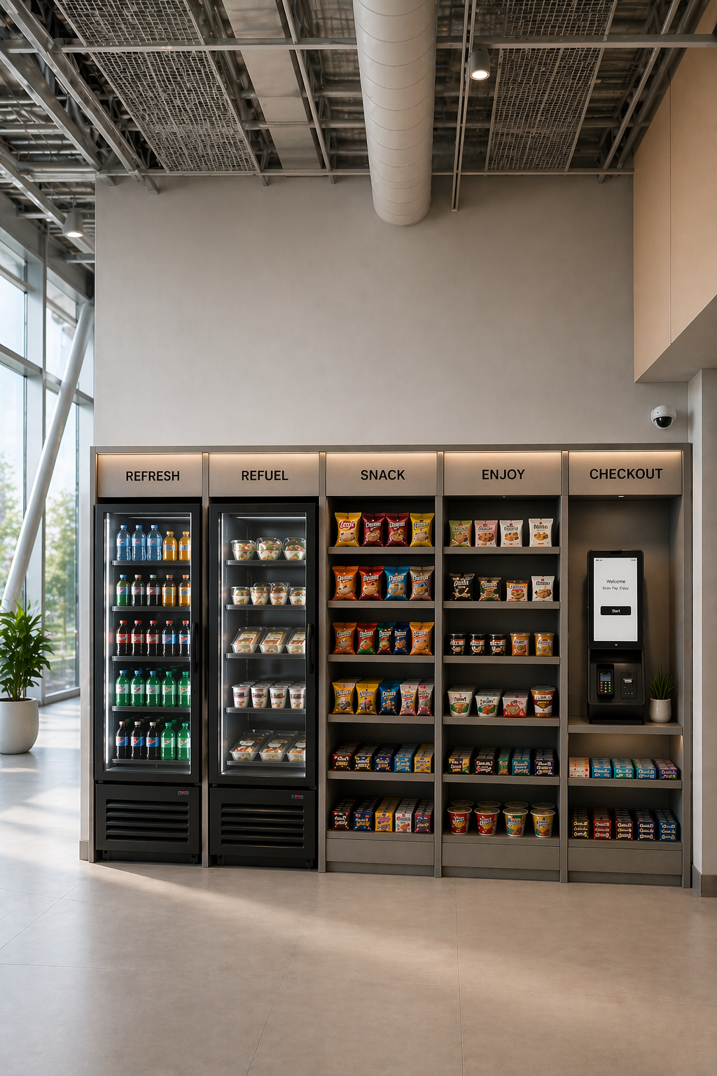 Vending machine with beverages, salads, snacks, and coffee options in a modern, well-lit space with large windows and a potted plant nearby.