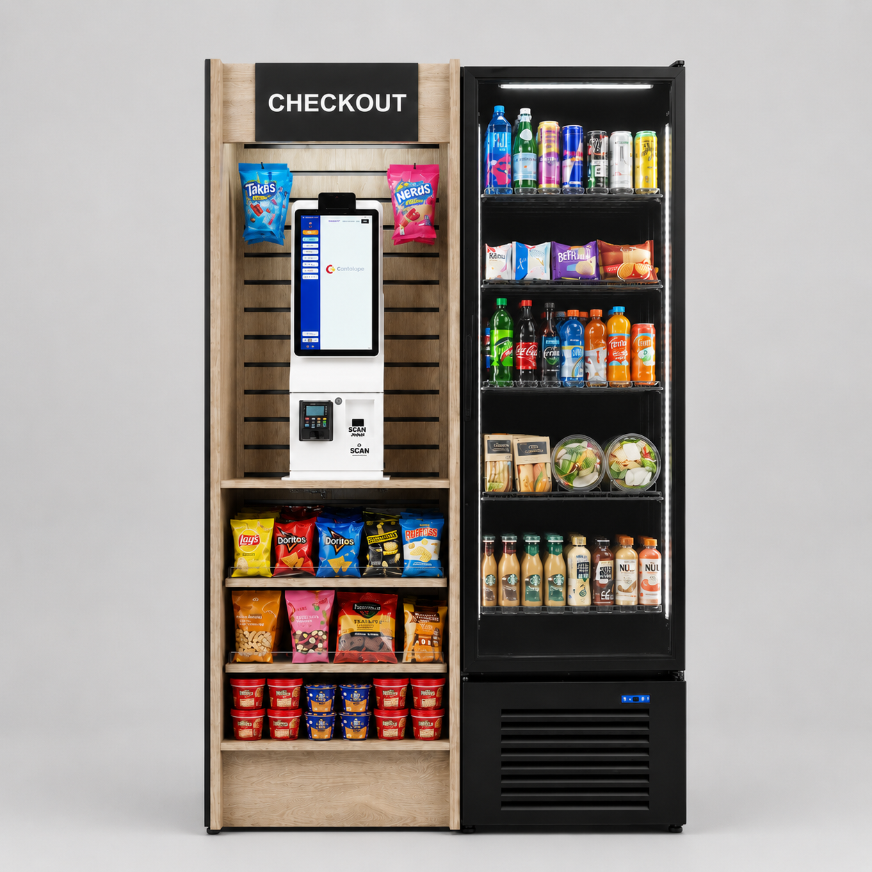 A vending machine and a checkout kiosk in a store, with snacks and beverages including chips, candy, and drinks.