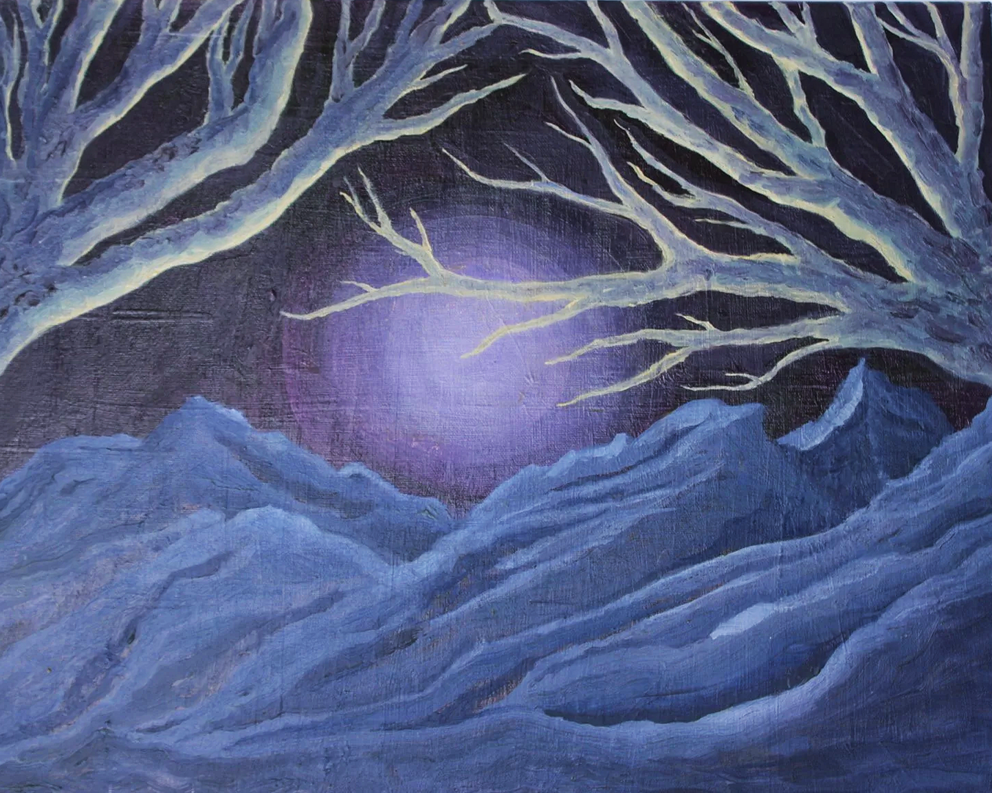 A painting of purple mountains framed by white tree branches under a purple, glowing sky.