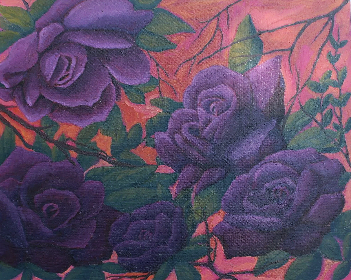 A painting of purple roses with green leaves on a pink background.