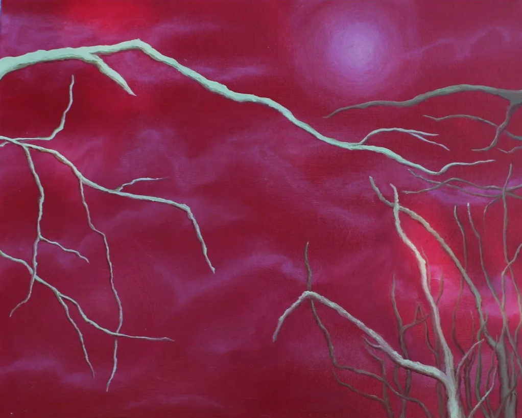 Pink and purple abstract background with white tree branches and a glowing moon or sun.