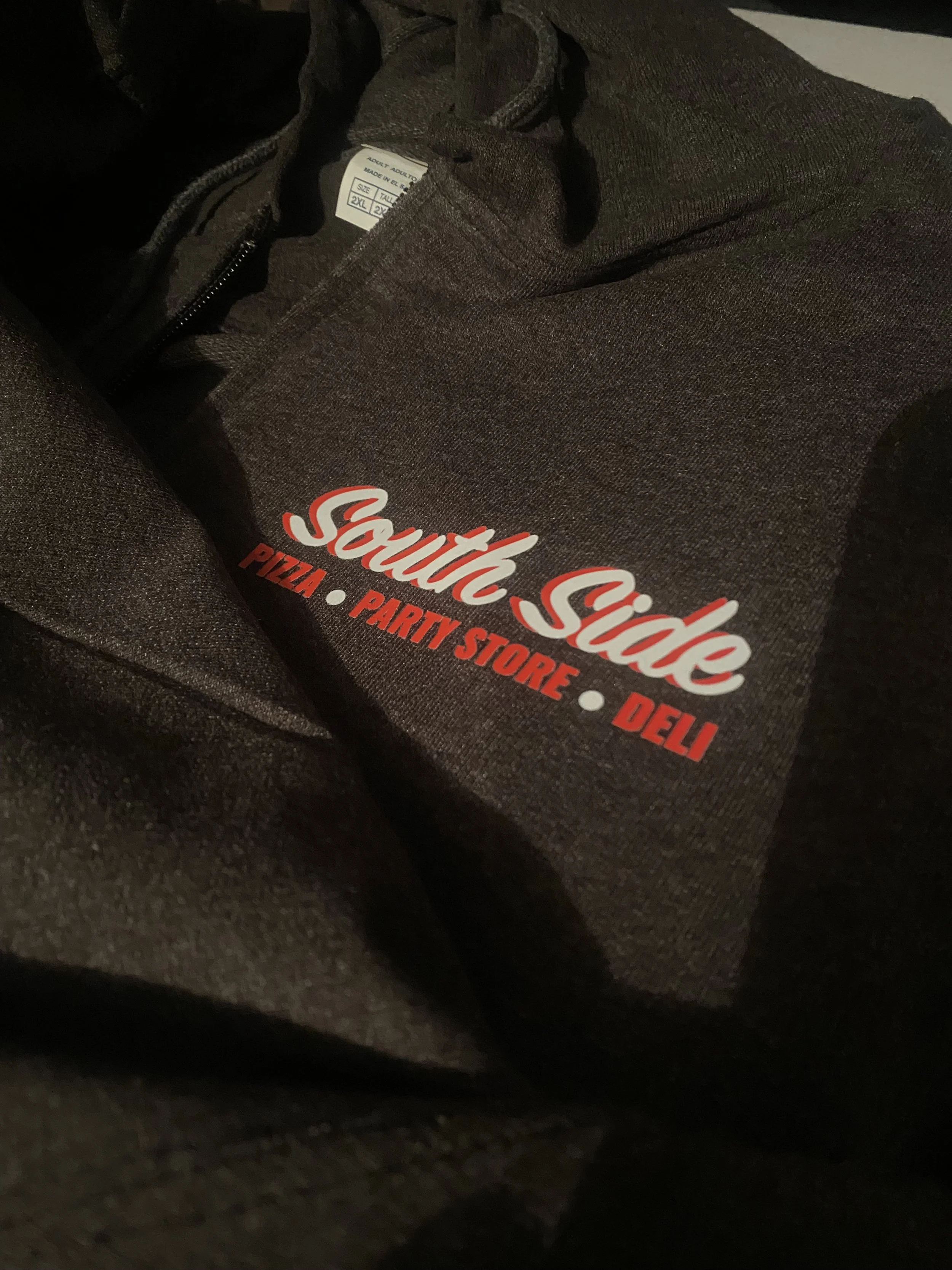 Terry Cotton zip up sweatshirt branded with logo on front left chest for South Side Party Store