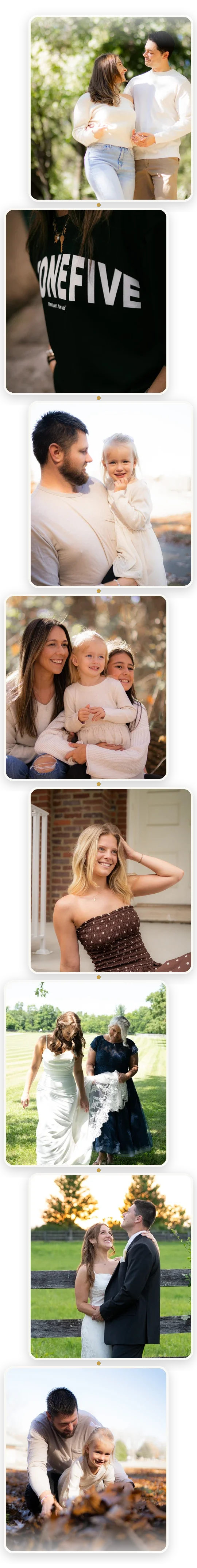 A collage of eight photos featuring different couples and families enjoying outdoor moments together.