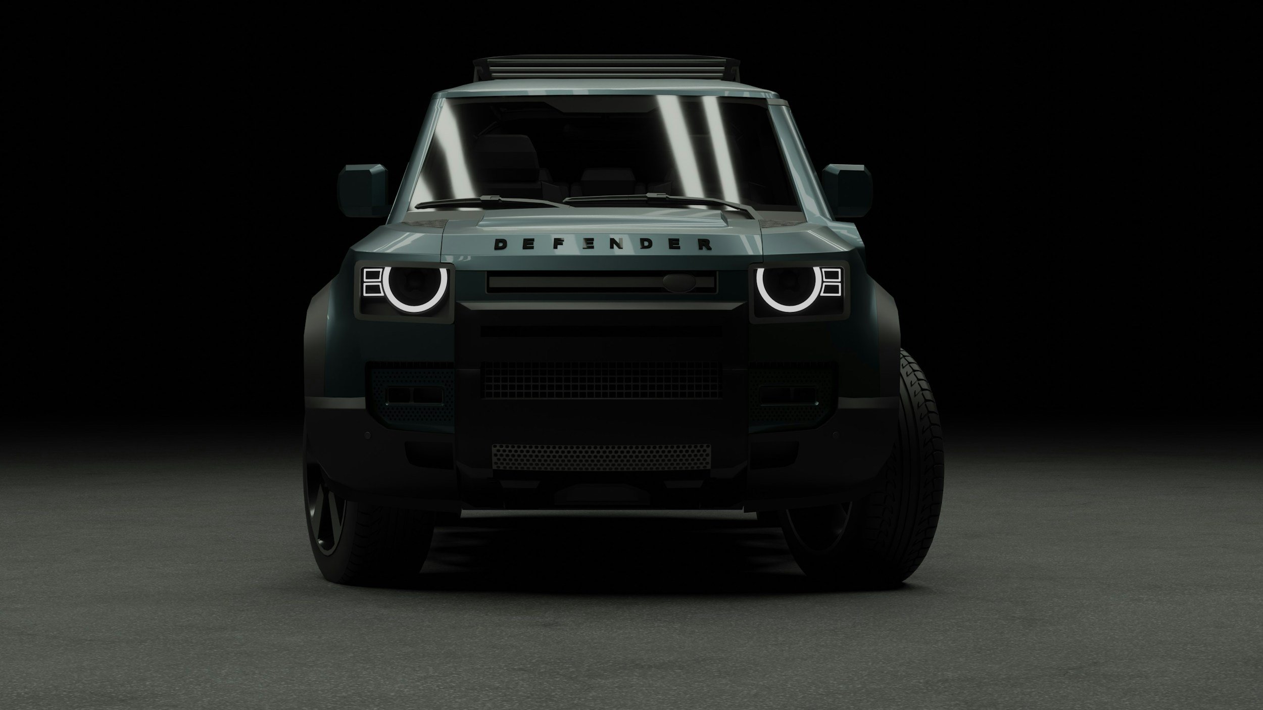 Front view of a modern SUV with the word 'DEFENDER' on the hood, illuminated headlights, and a black background.