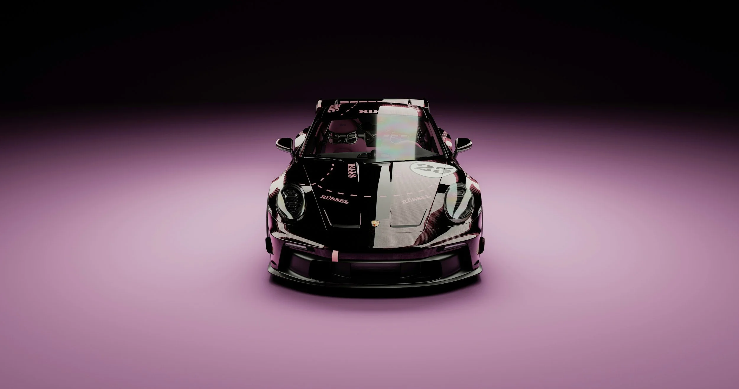 A black sports car with a racing design and pink accents, displayed against a pink and black gradient background. - Porsche Reflection